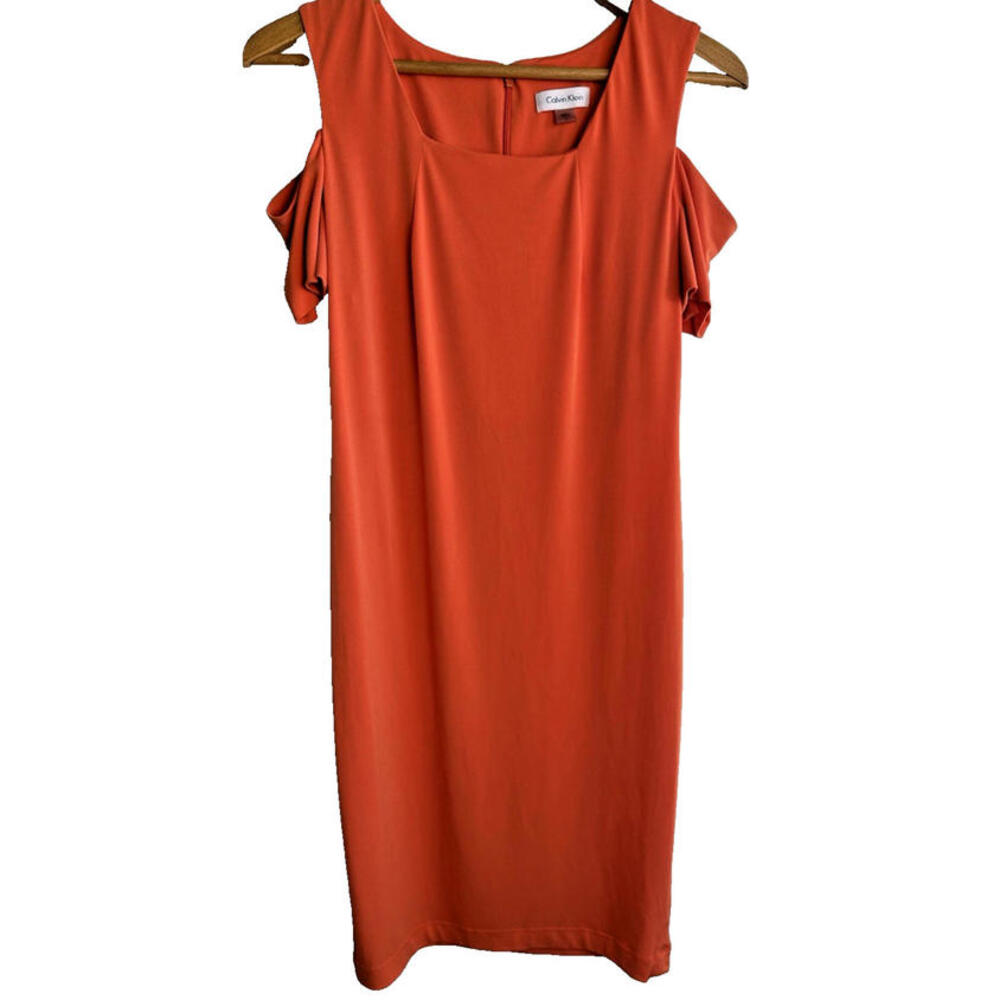 Calvin Klein Orange Scuba Sheath Dress Women’s Size 8 Cold Shoulder, Party Ready